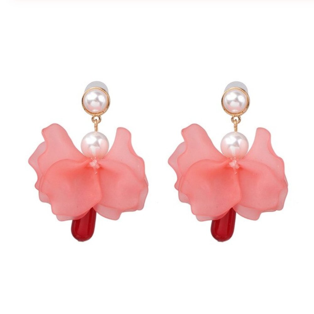 Pink Red Pearl Flower Statement Dangle Earrings